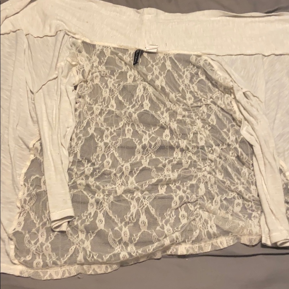 white dressy cover up open flower seams on back